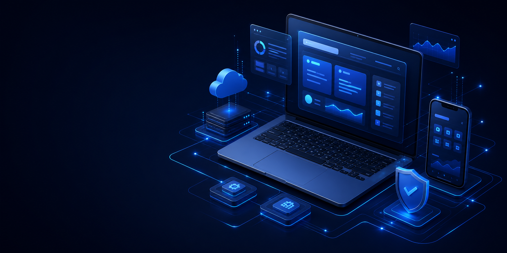 Web, mobil ve bulut çözümlerini temsil eden dijital çalışma ortamı
